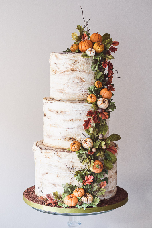 3 tier woodland autumn wedding cake with bark detailing and sugar pumpkins and autumn leaves 29