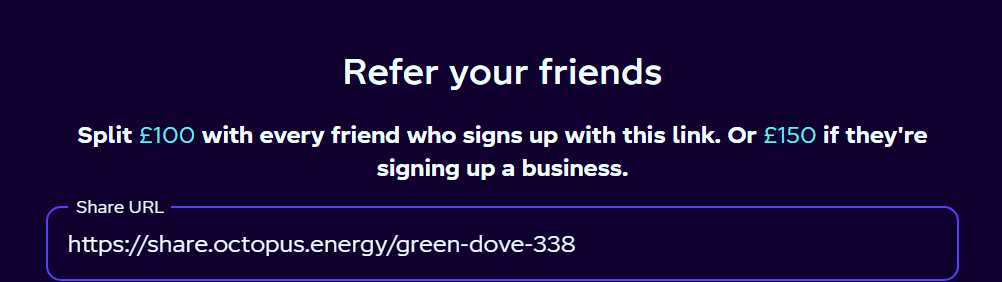 Octopus Energy account showing The Frostery’s £100 refer-a-friend offer